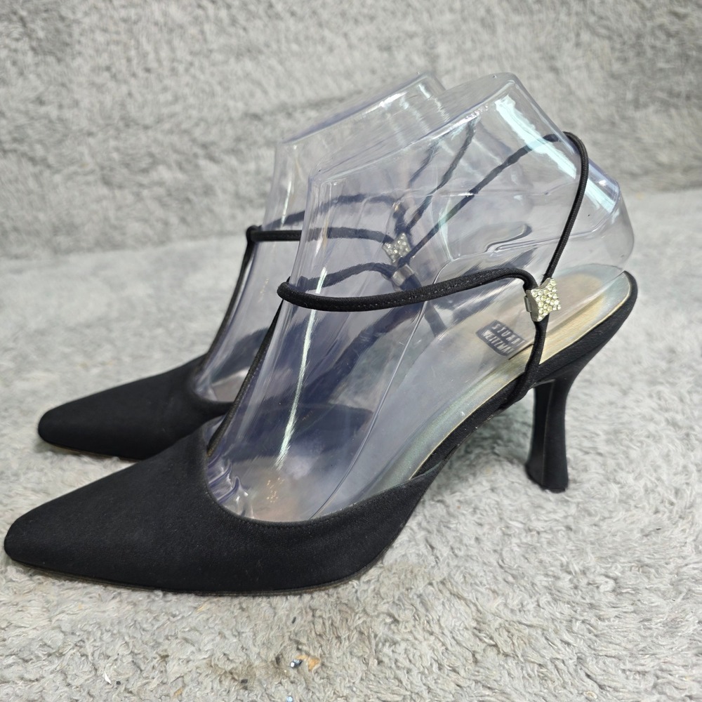 VTG Stuart Weitzman Slingback Pumps Black Satin Rhinestone T-Strap Womens 6N